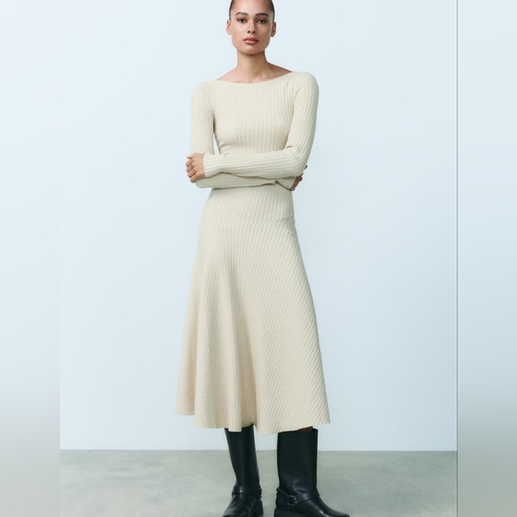 Zara Dresses & Skirts - Zara 3253/850 Ecru Tilted Drop Waist Ribbed Dress